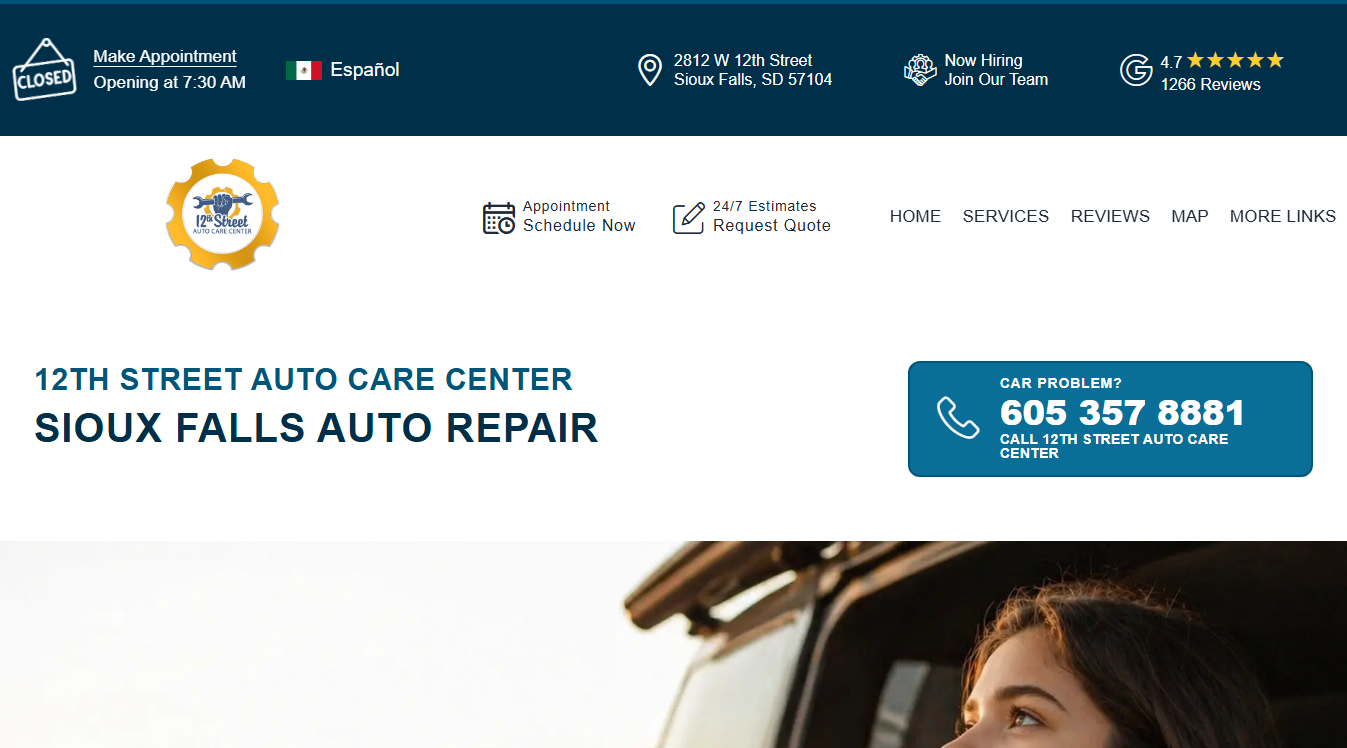 Website screenshot for 12th Street Auto Care Center