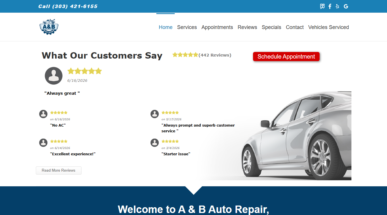 Website screenshot for A&B Auto Repair