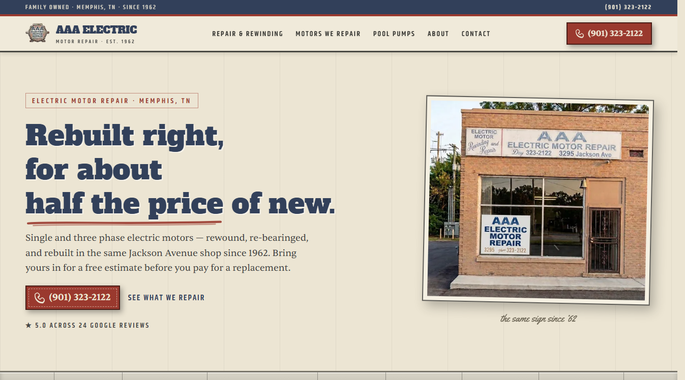 Website screenshot for AAA Electric Motor Repair