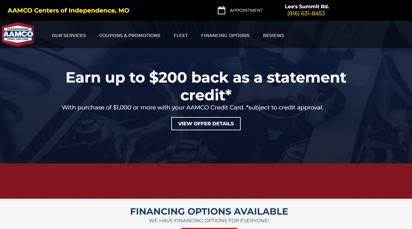 Website screenshot for AAMCO Transmissions & Total Car Care