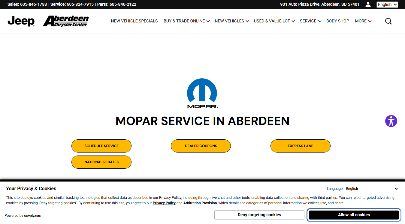 Website screenshot for Aberdeen Chrysler Service