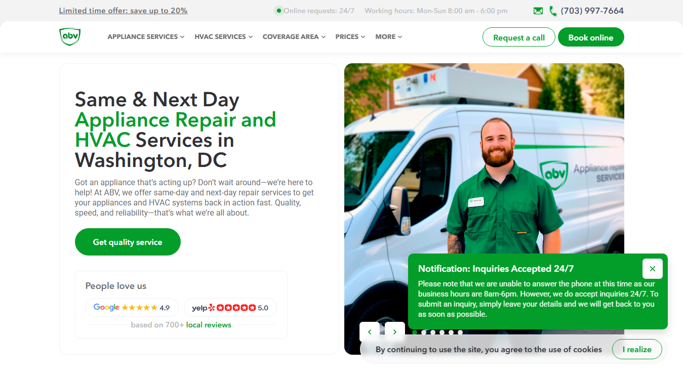 Website screenshot for ABV Service
