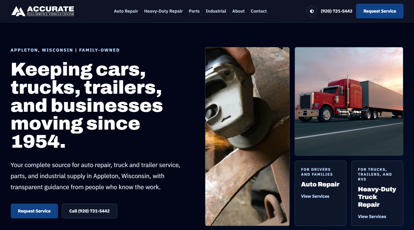 Website screenshot for Accurate Full Service Vehicle Center