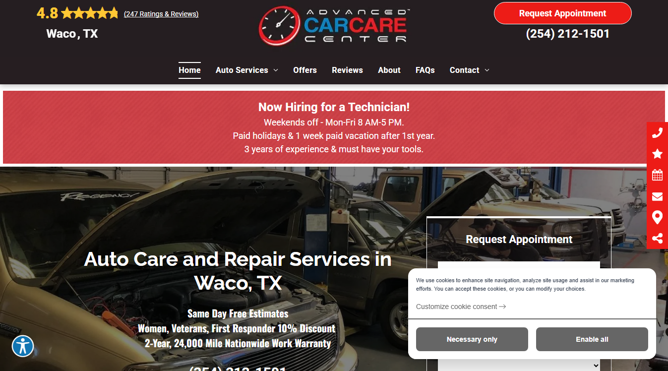 Website screenshot for Advanced Car Care Center