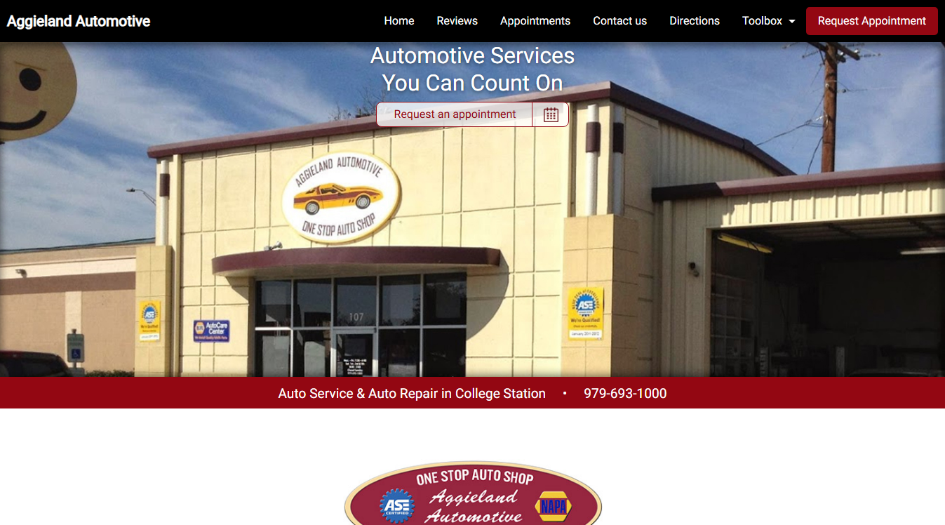 Website screenshot for AGGIELAND AUTOMOTIVE