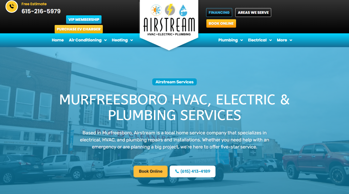 Website screenshot for Airstream Services HVAC, Electrical & Plumbing