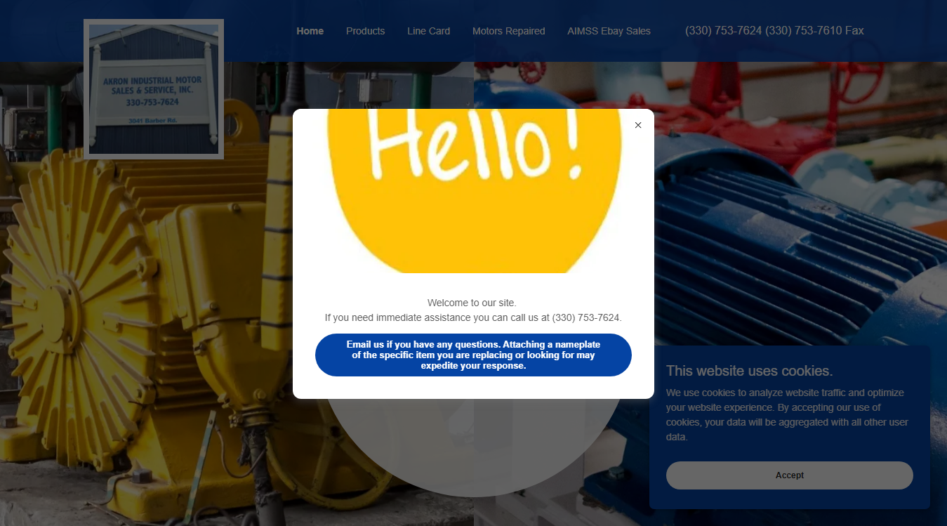 Website screenshot for Akron Industrial Motor Sales and Service inc.