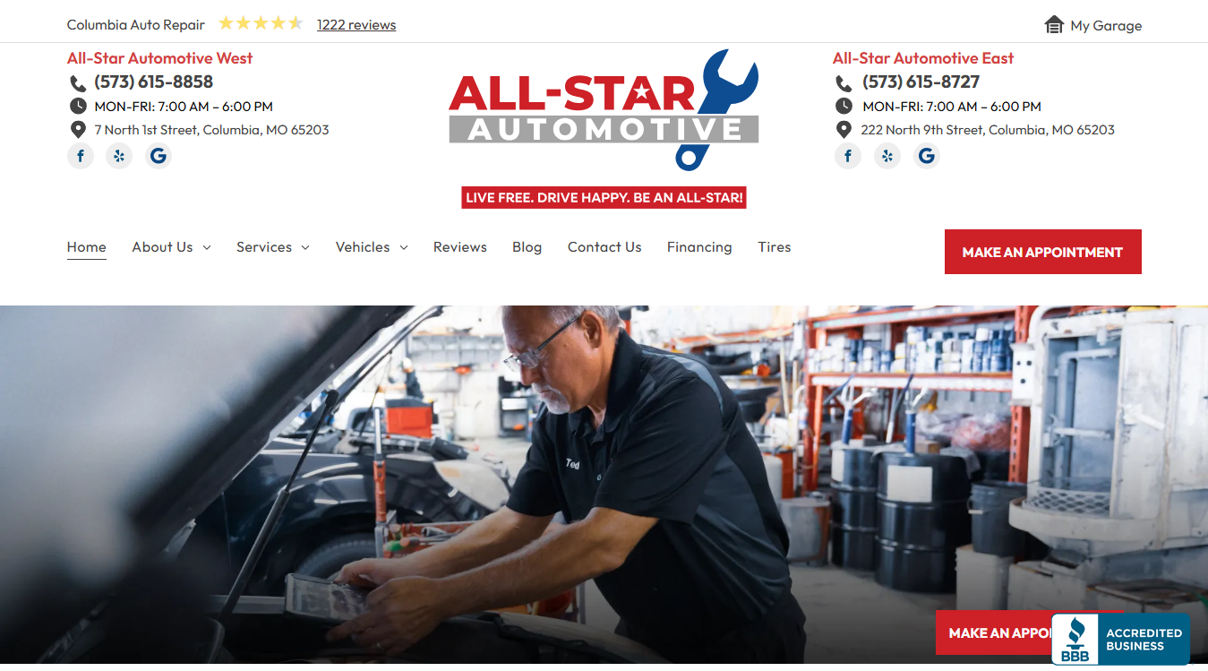 Website screenshot for All-Star Automotive - West Columbia