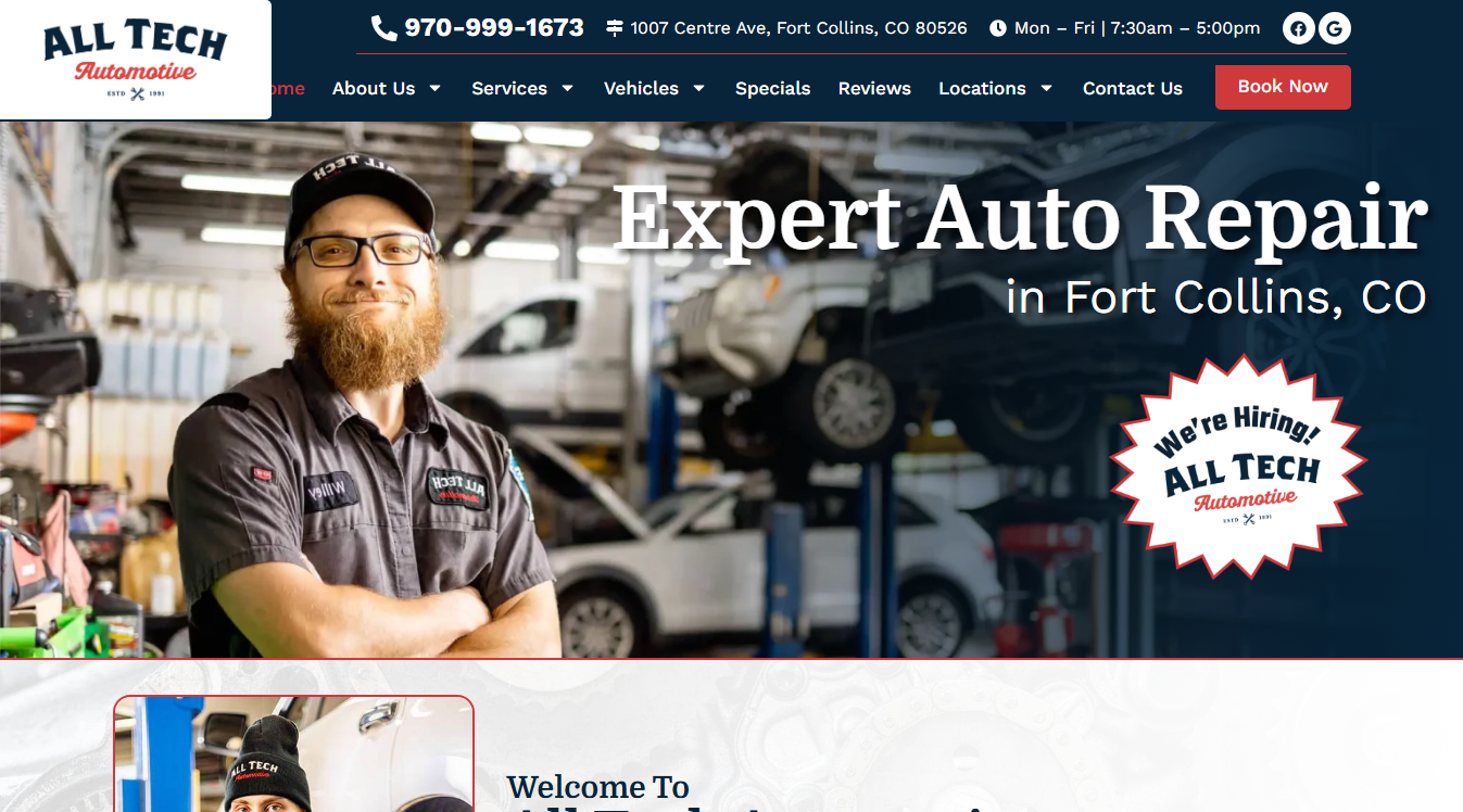 Website screenshot for All Tech Automotive East - Fort Collins Auto Repair