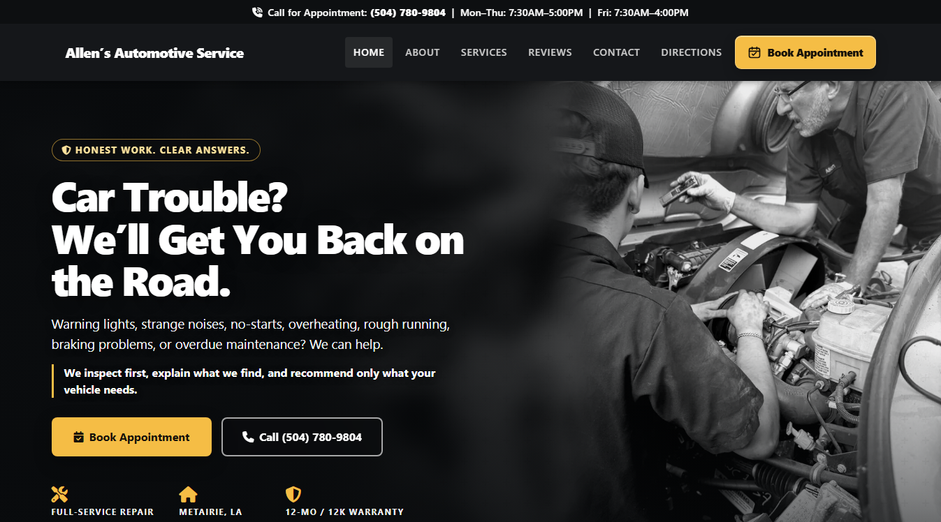 Website screenshot for Allen's Automotive Service, Inc.