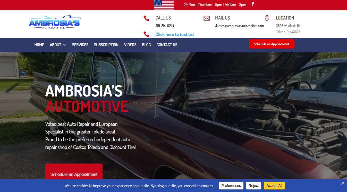 Website screenshot for Ambrosia’s Automotive