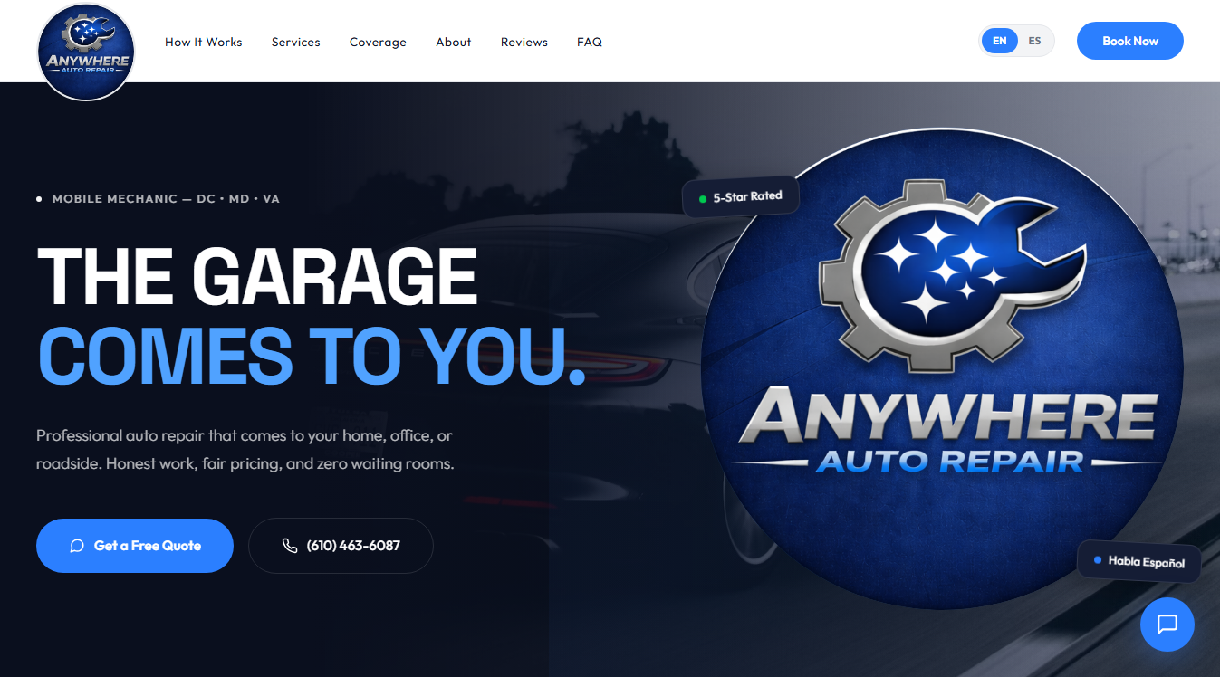 Website screenshot for Anywhere Auto Repair