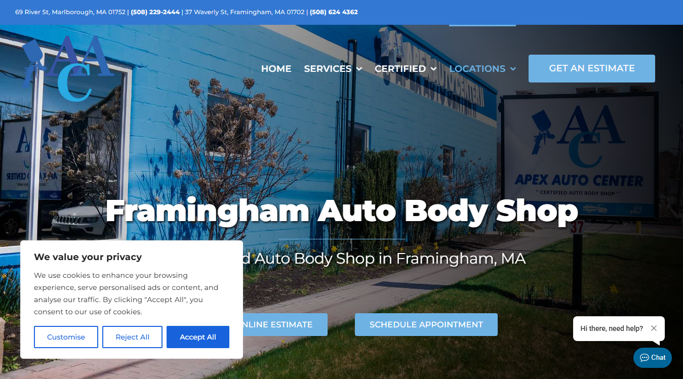 Website screenshot for Apex Auto Body Framingham