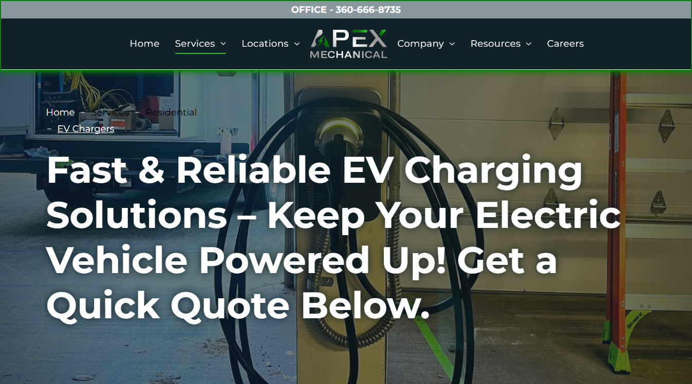 Website screenshot for Apex Mechanical ⚡ Your Trusted Partner for Electric Vehicle Charger Installation, Electrification, and Government Projects