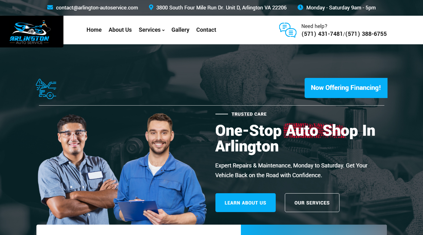 Website screenshot for Arlington Auto Service