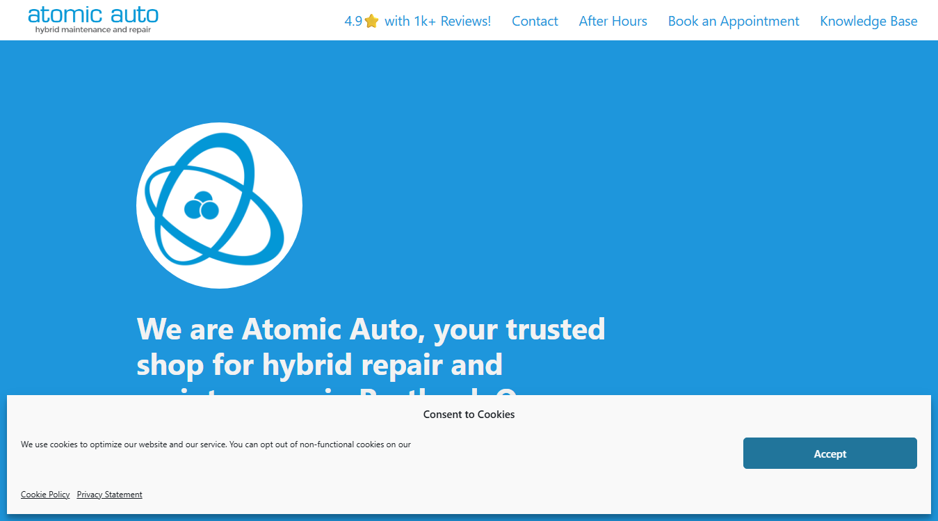 Website screenshot for Atomic Auto Hybrid Repair