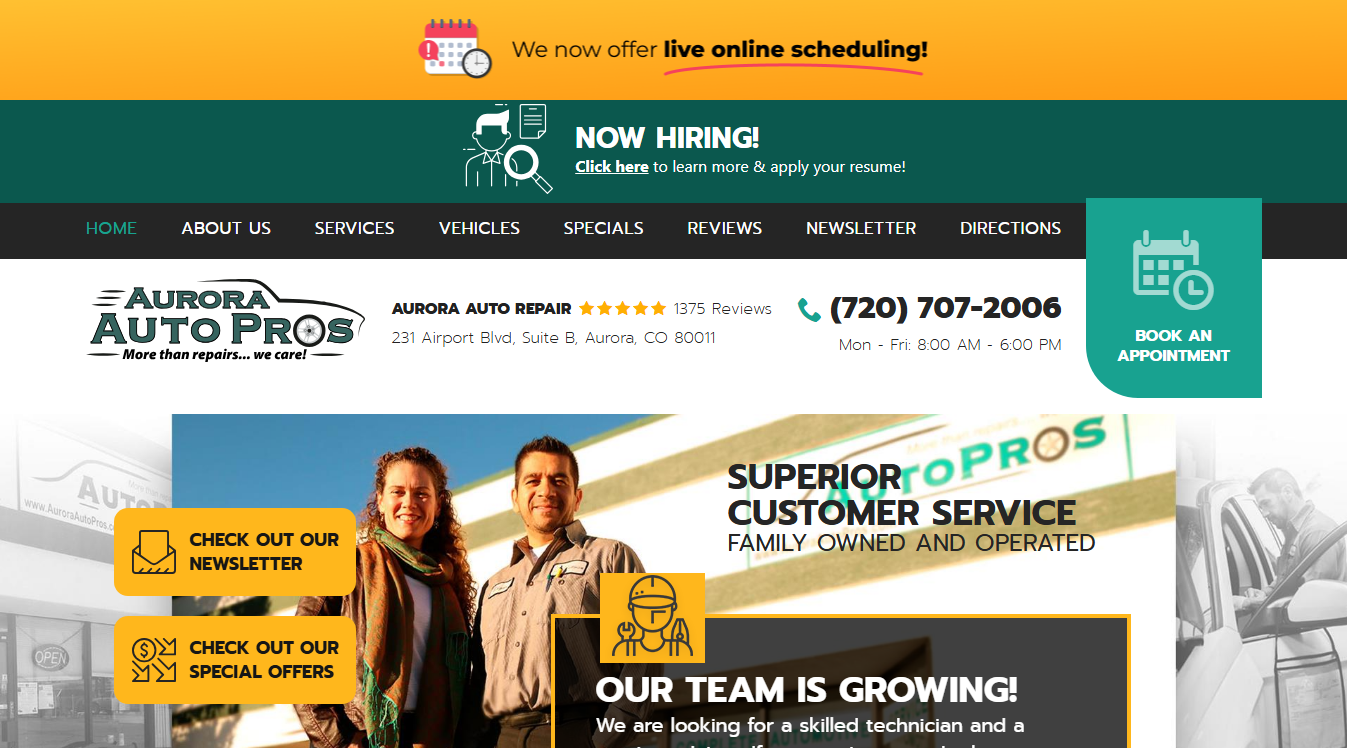 Website screenshot for Aurora AutoPros