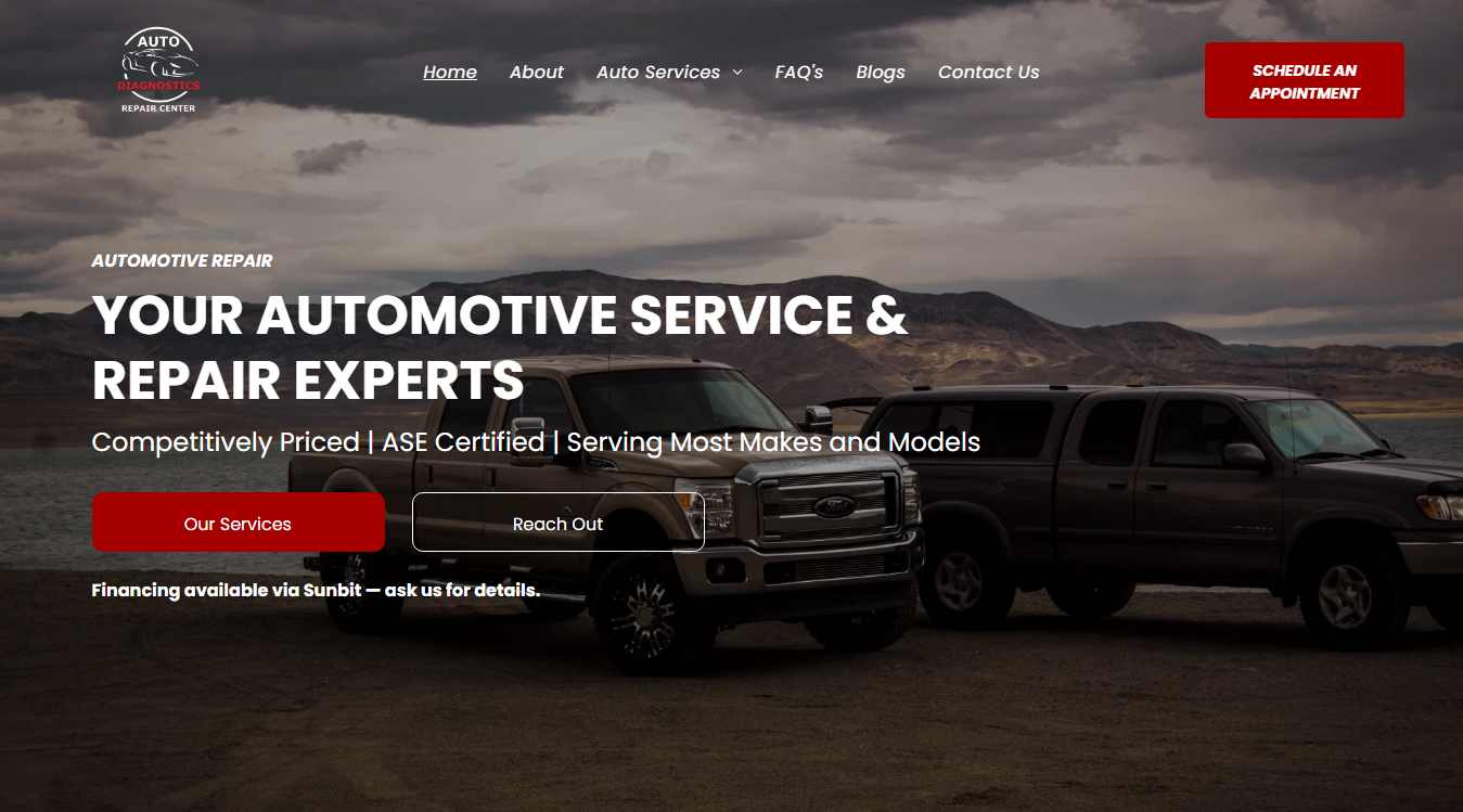 Website screenshot for Auto Diagnostics & Repair Center