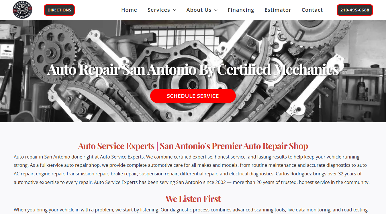 Website screenshot for Auto Service Experts