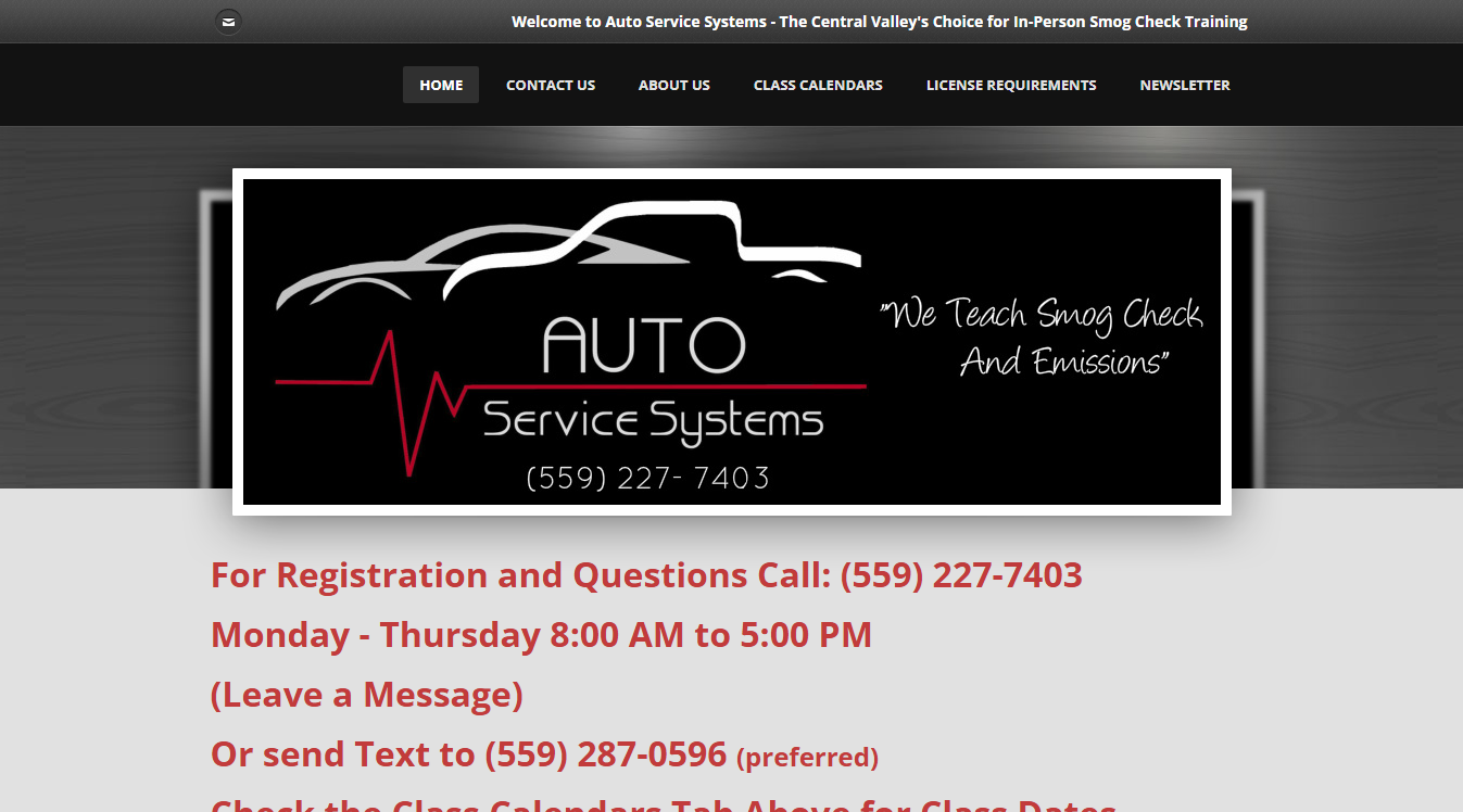 Website screenshot for Auto Service Systems "We Teach Smog Check and Emissions"