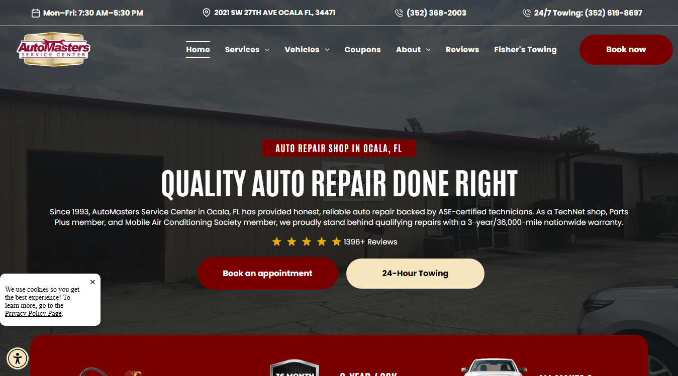 Website screenshot for AutoMasters Service Center
