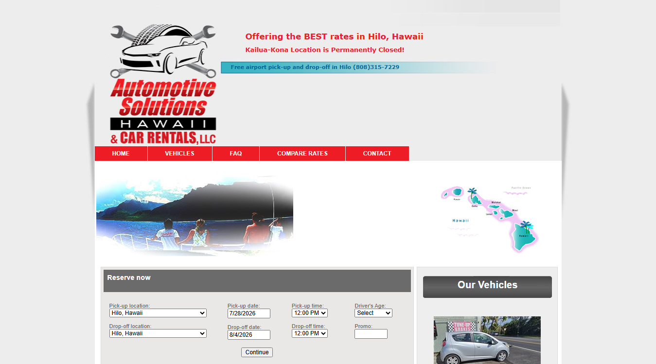 Website screenshot for Automotive Solutions Hawaii & Car Rentals, LLC