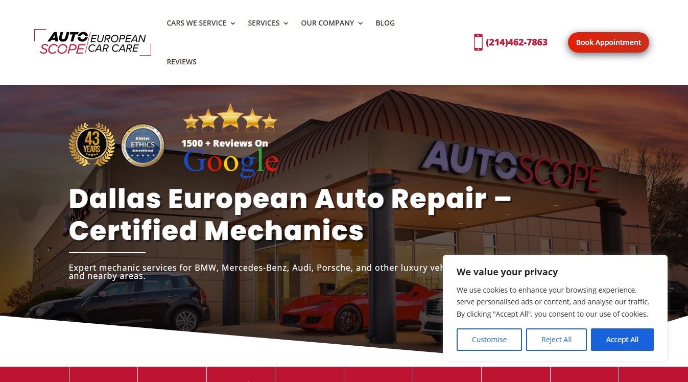 Website screenshot for Autoscope European Car Care