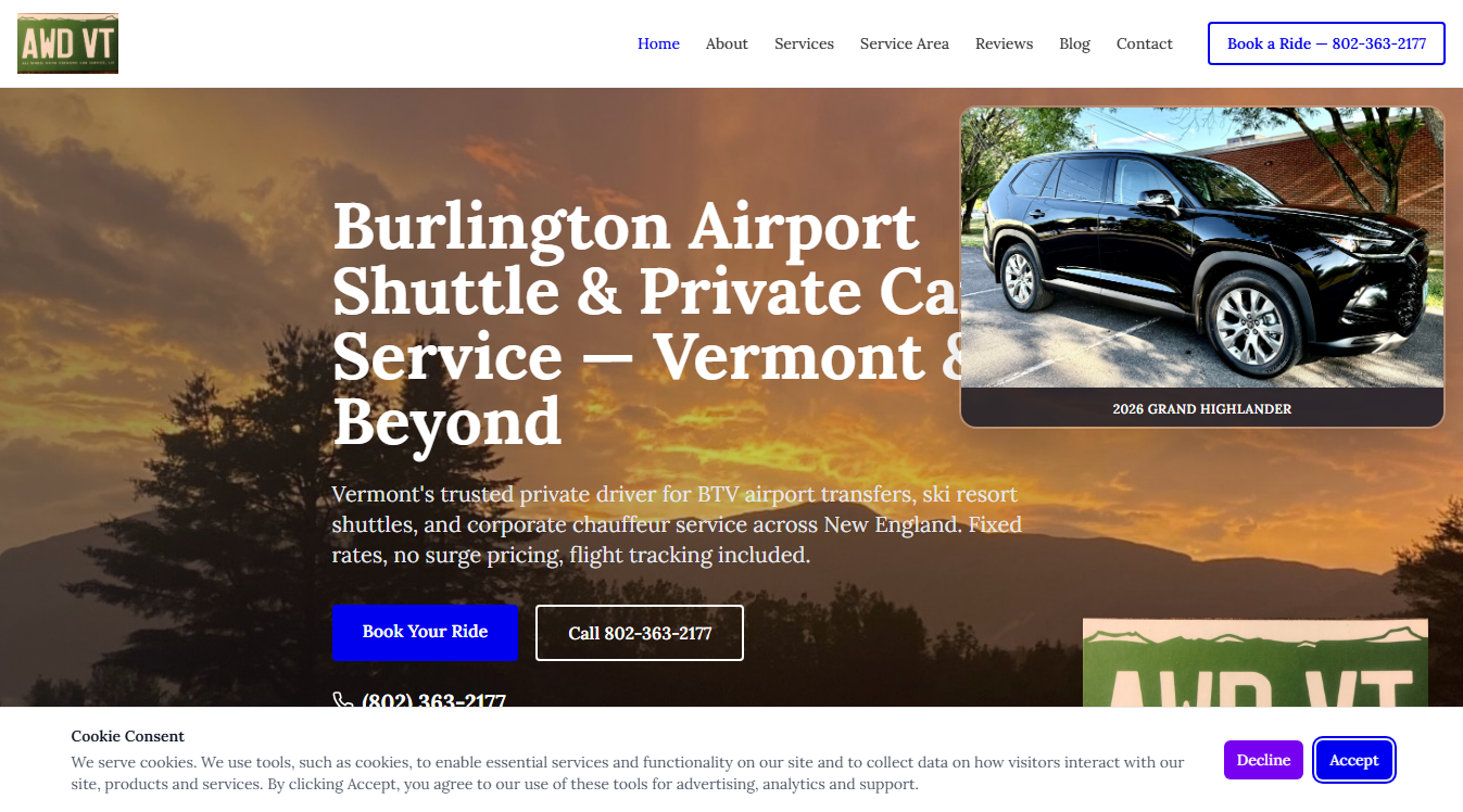 Website screenshot for AWD VT Car Service LLC
