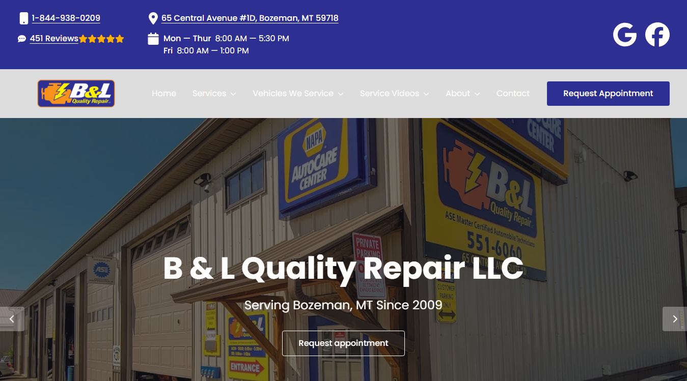 Website screenshot for B & L Quality Repair LLC