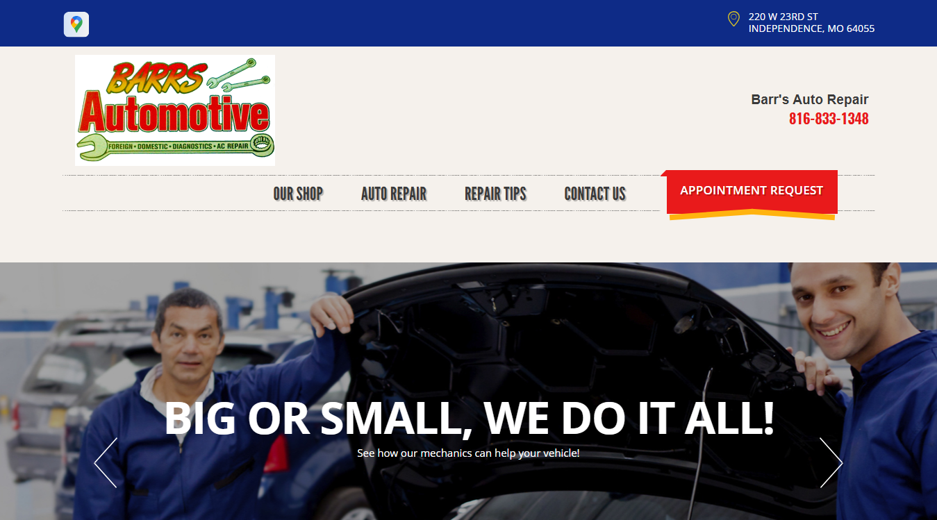 Website screenshot for Barr's Auto Repair