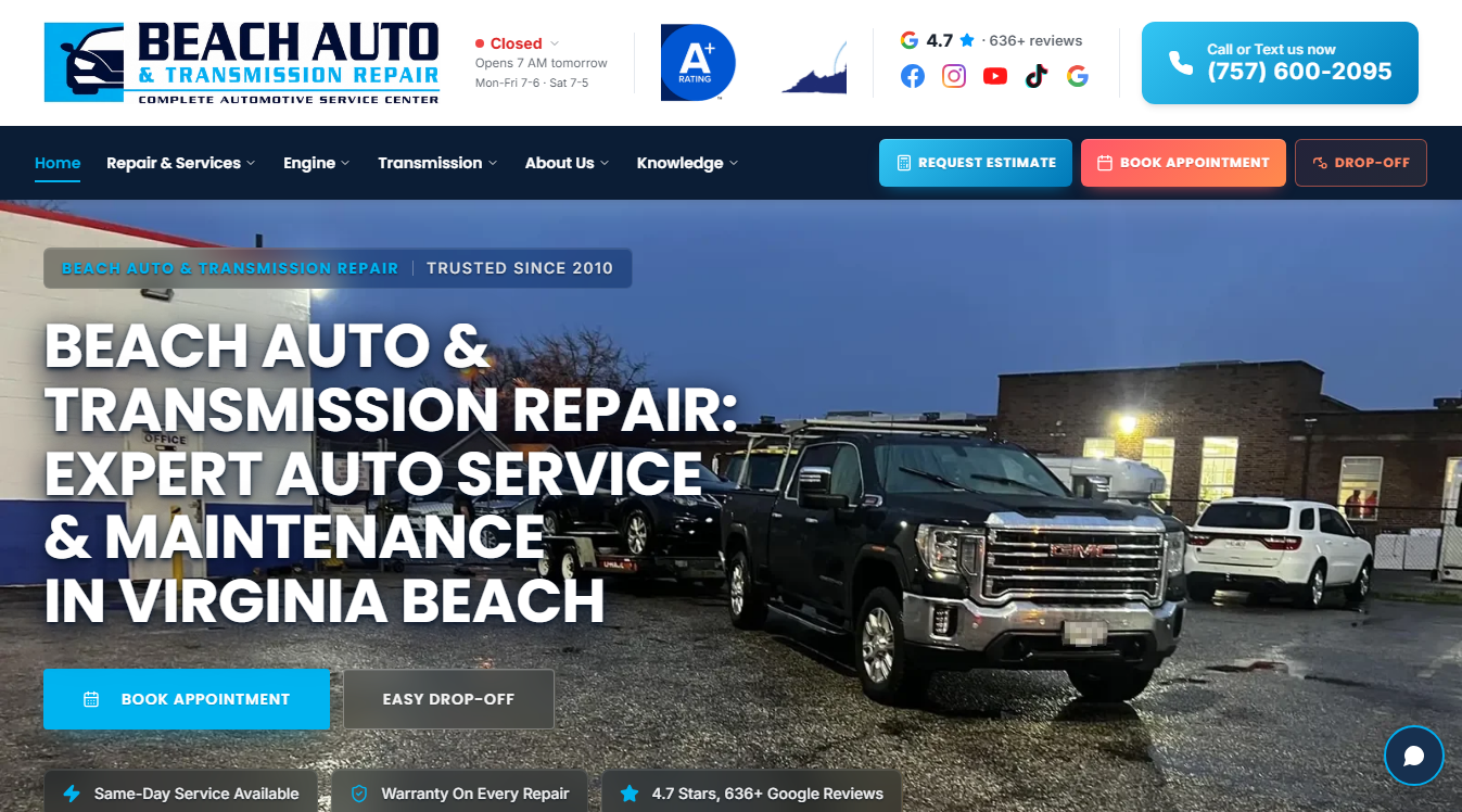 Website screenshot for Beach Auto Repair
