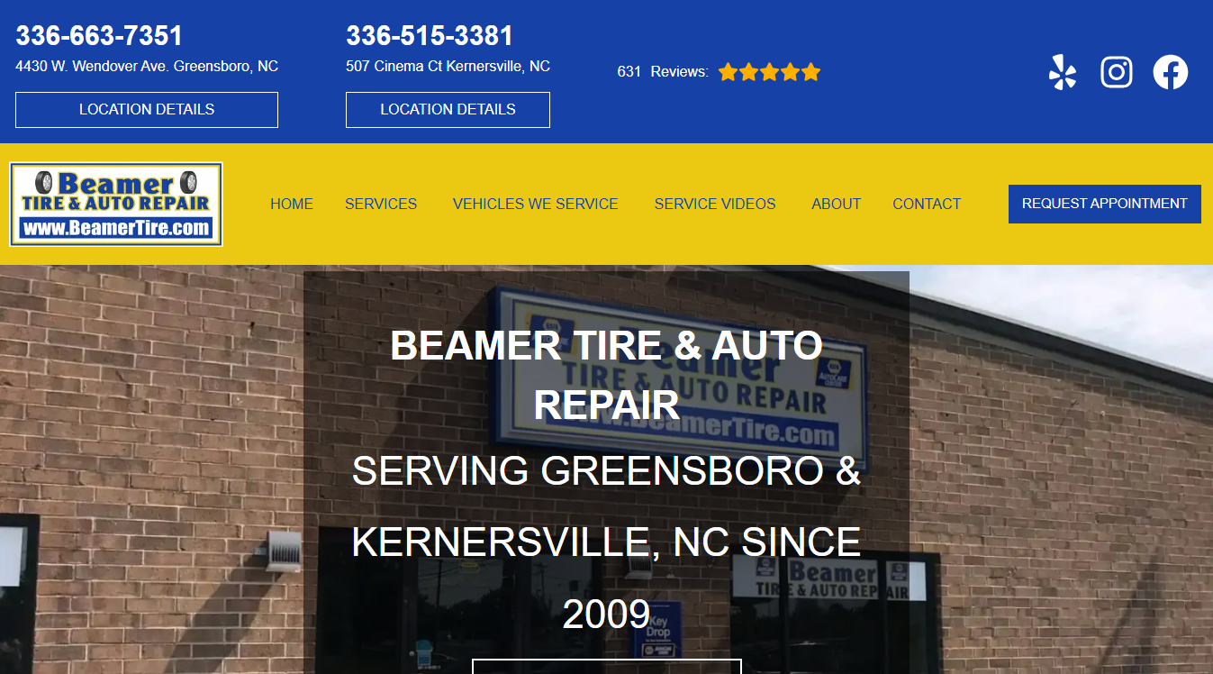 Website screenshot for Beamer Tire & Auto Repair - Greensboro