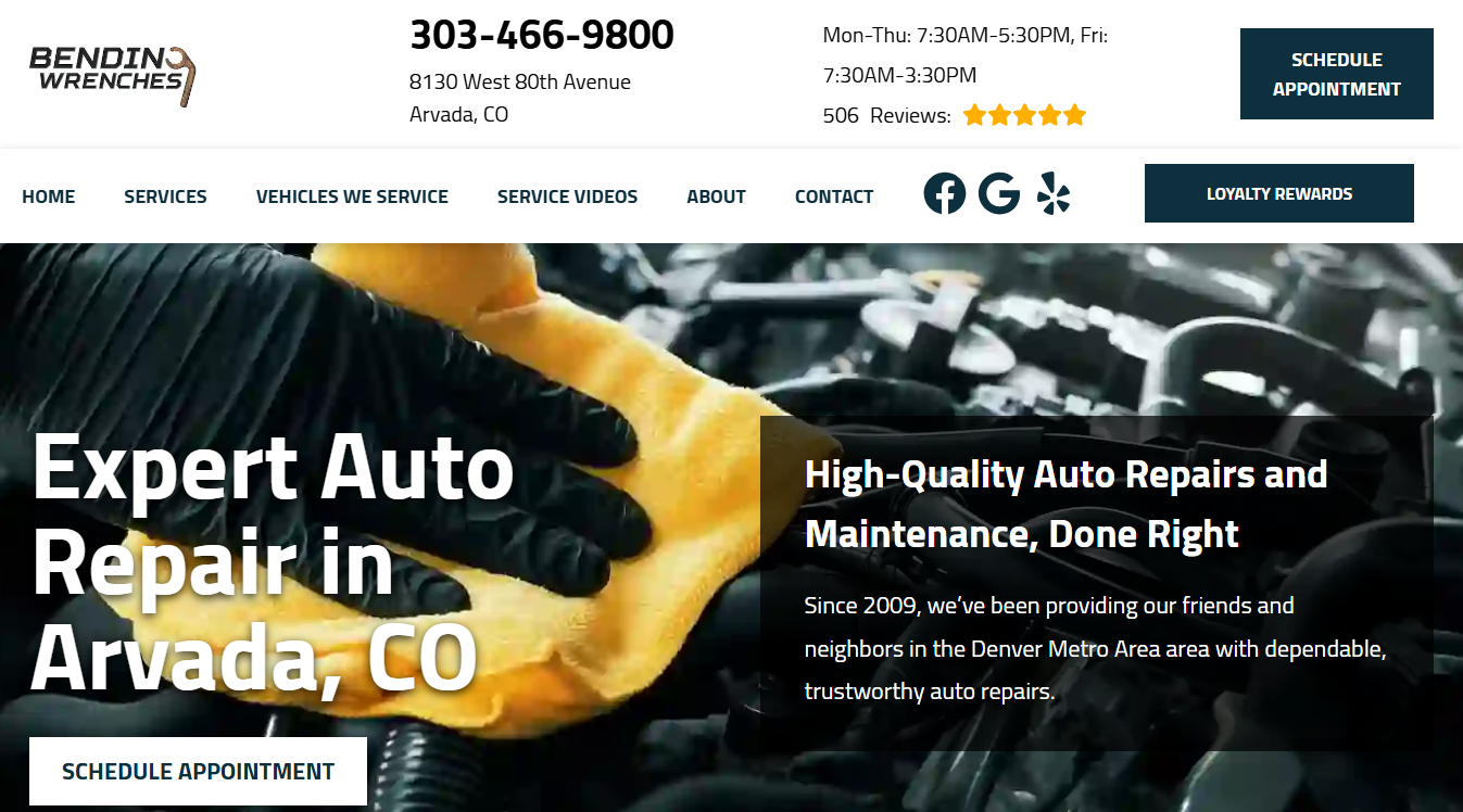 Website screenshot for Bending Wrenches Auto Repair