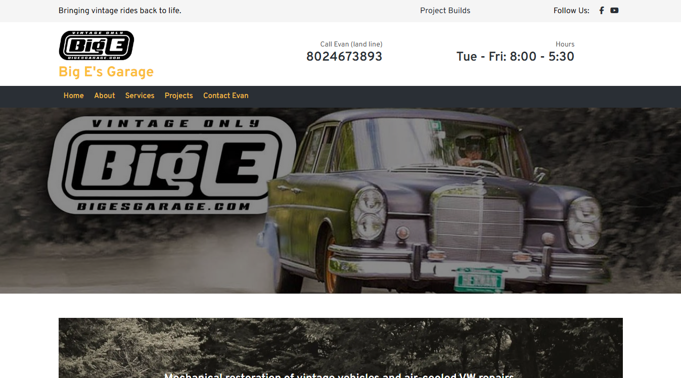 Website screenshot for Big Es Garage