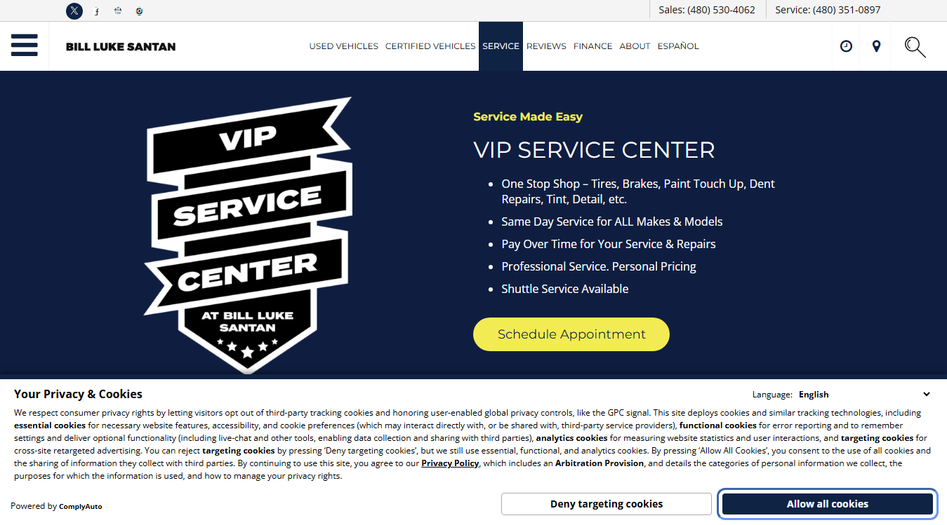 Website screenshot for Bill Luke Santan VIP Service Center