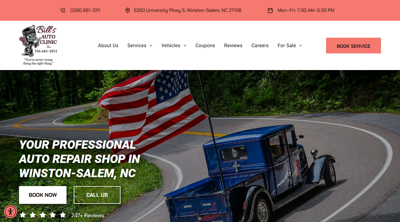 Website screenshot for Bill's Auto Clinic, Inc.
