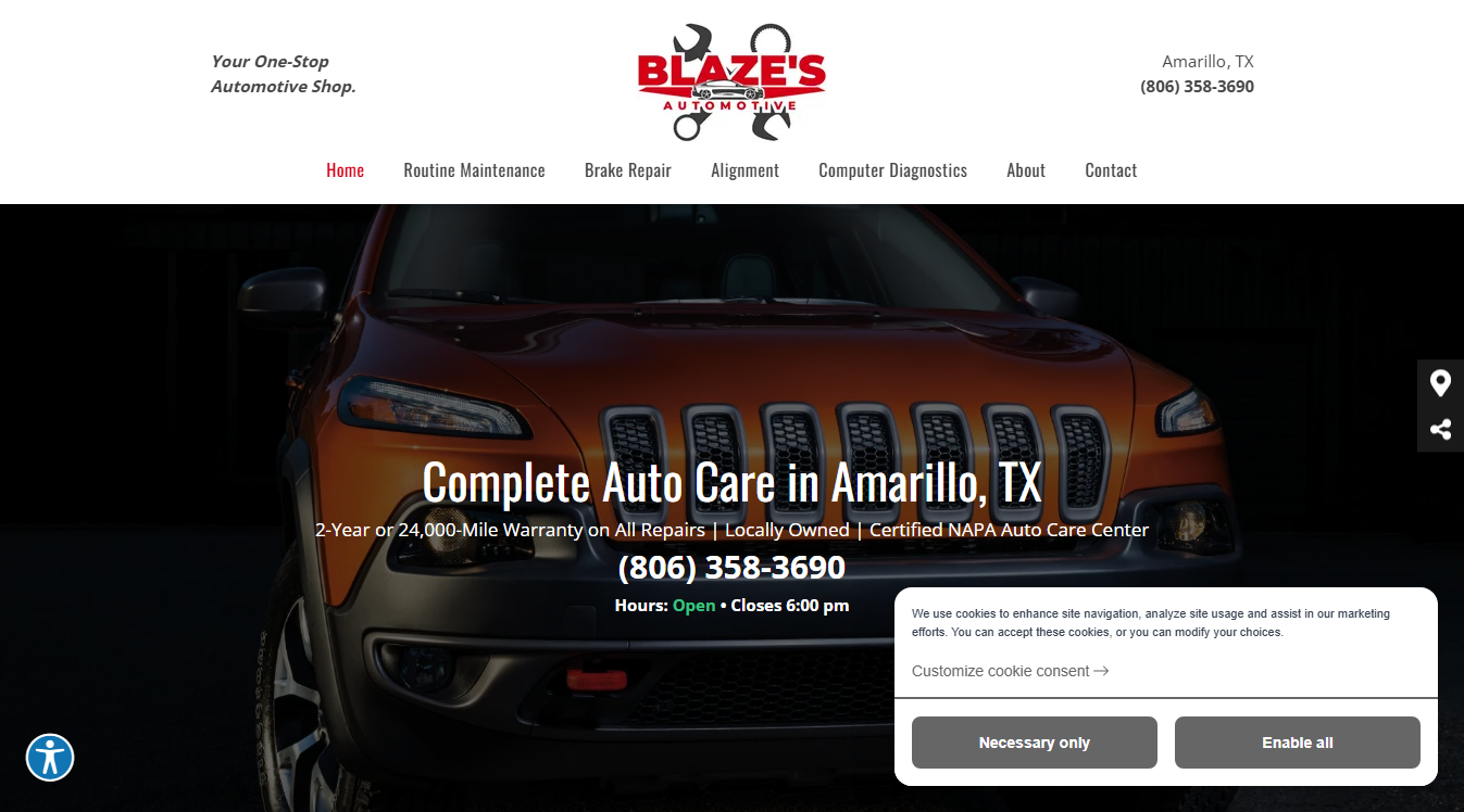 Website screenshot for Blaze's Automotive LLC