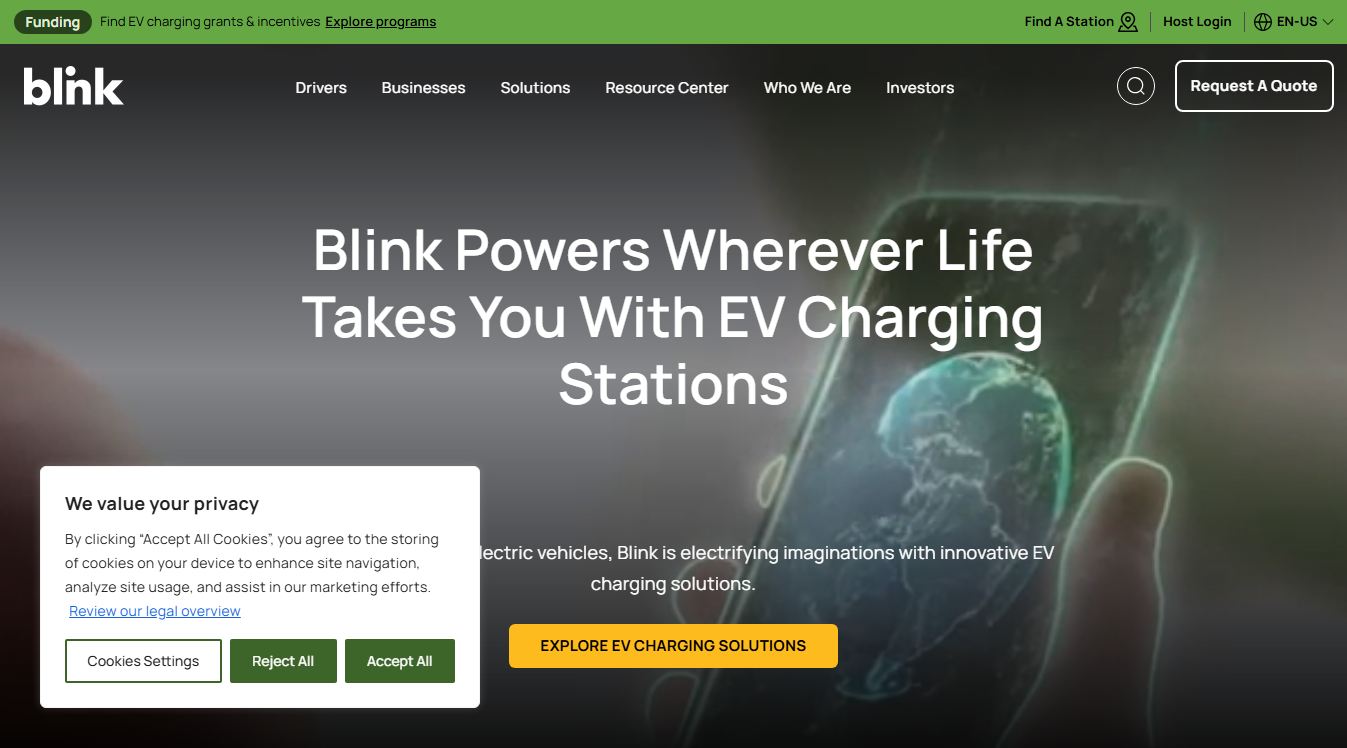Website screenshot for Blink Charging Station