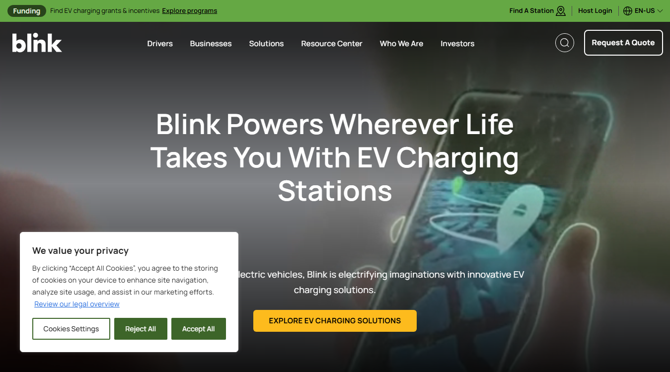 Website screenshot for Blink Charging Station
