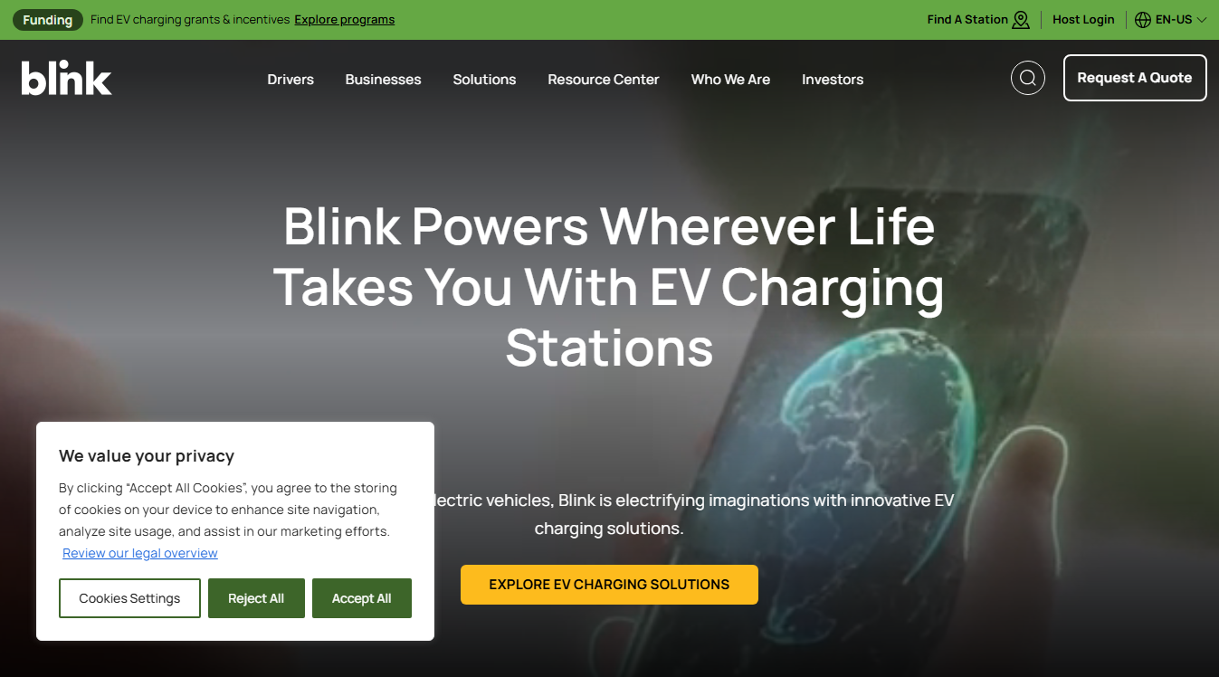 Website screenshot for Blink Charging Station