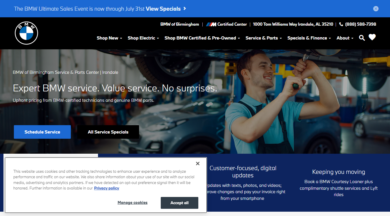 Website screenshot for BMW of Birmingham Service Center