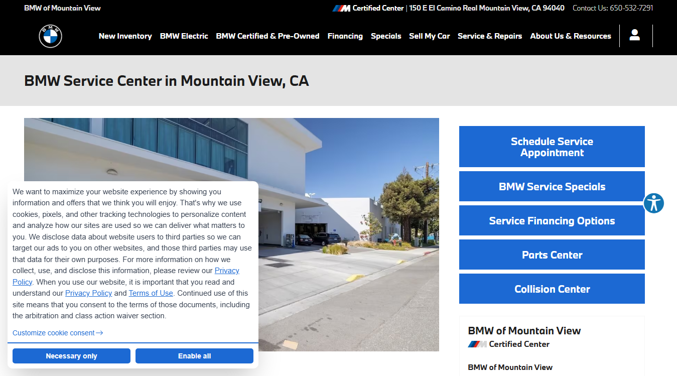 Website screenshot for BMW of Mountain View Service Center