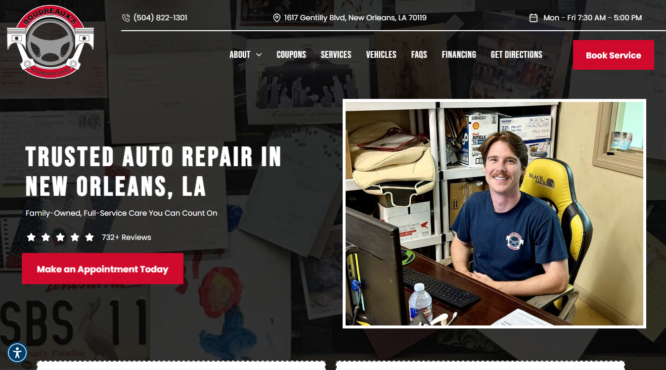 Website screenshot for Boudreaux's Automotive