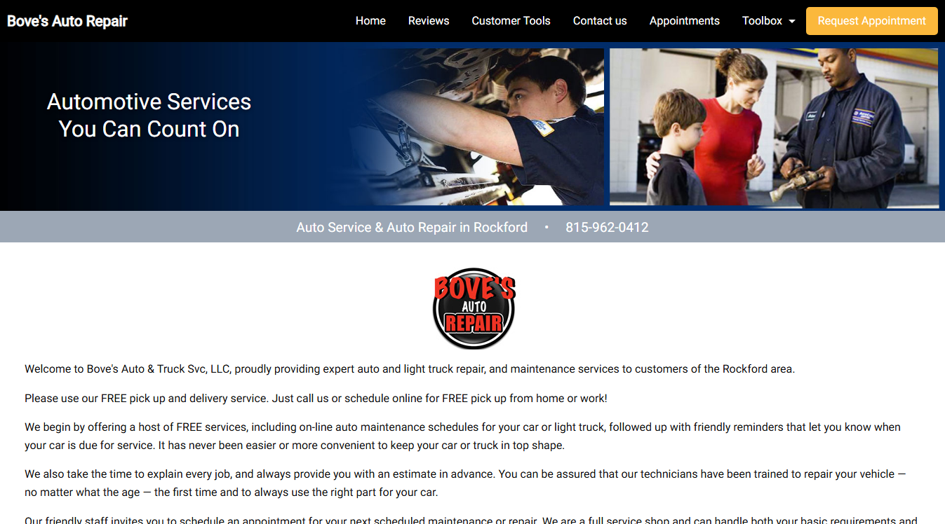 Website screenshot for Bove's Auto Repair