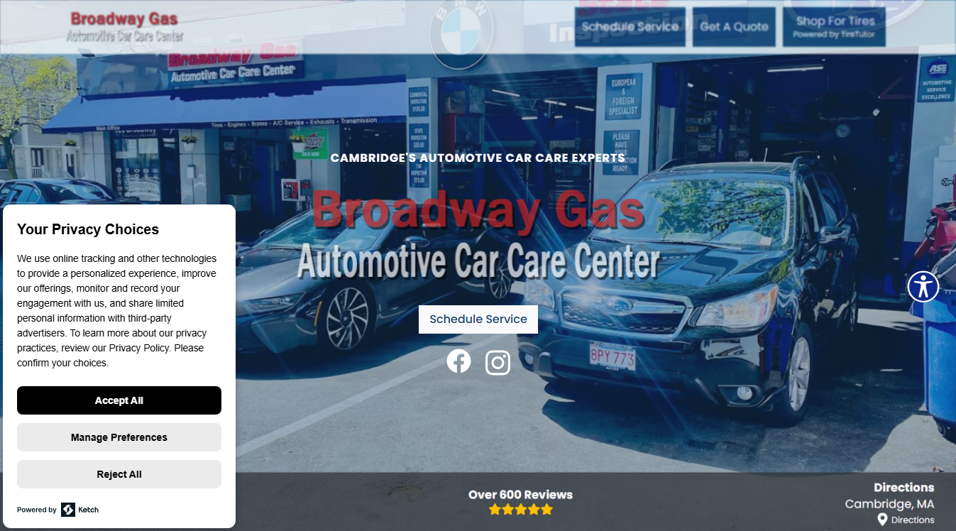 Website screenshot for Broadway Gas & Automotive Car Care Center