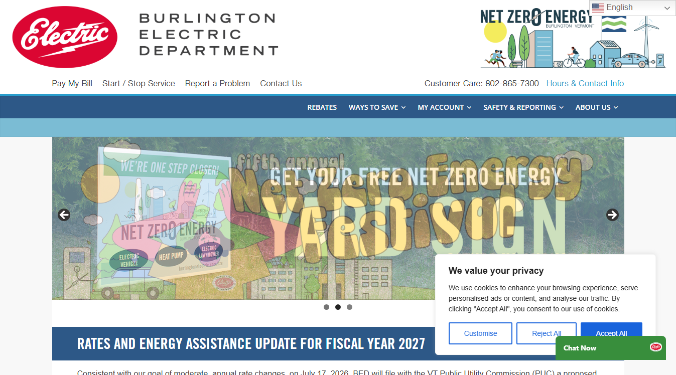 Website screenshot for Burlington Electric Department
