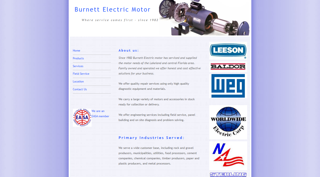Website screenshot for Burnett Electric Motor LLC
