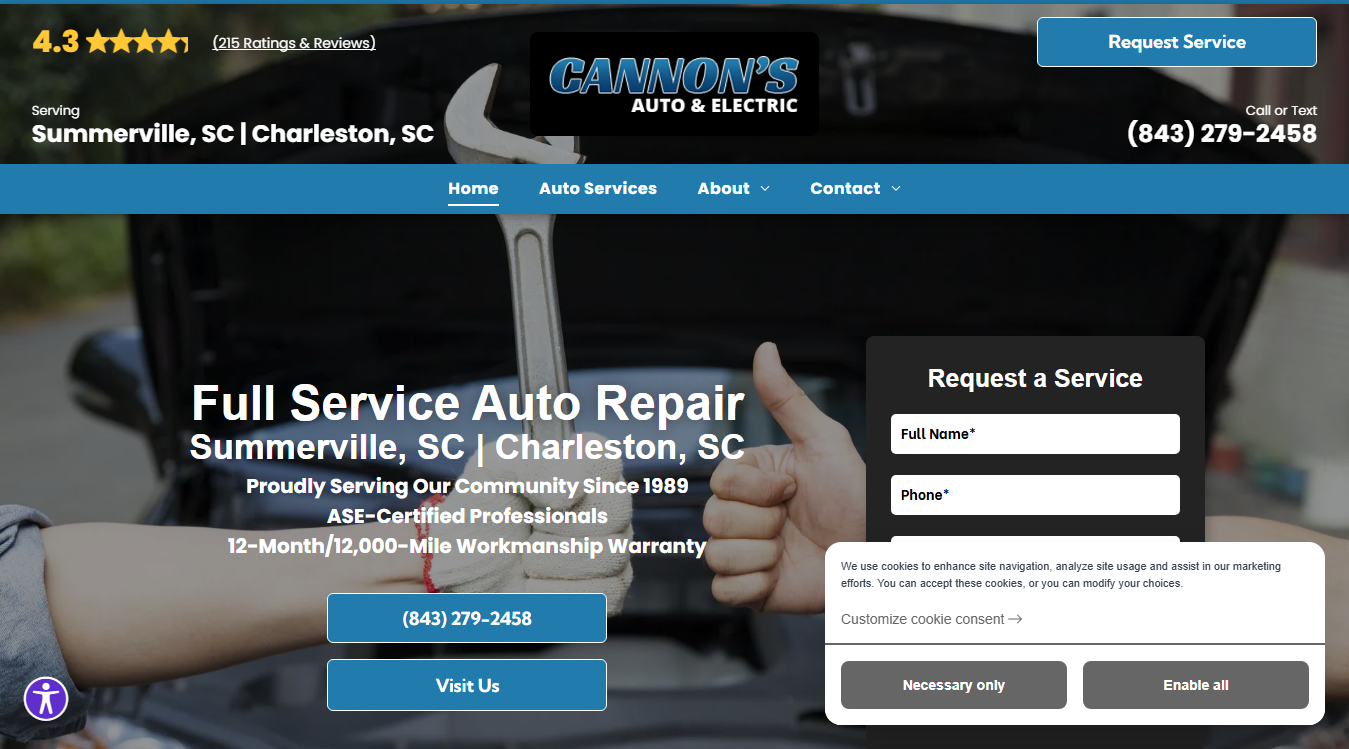 Website screenshot for Cannon's Auto & Electric