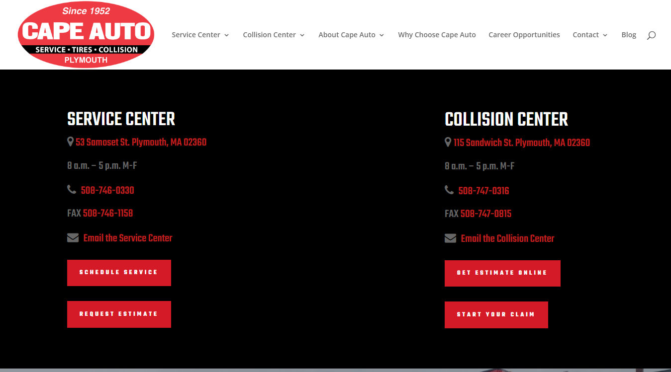 Website screenshot for Cape Auto Service Center & Tires
