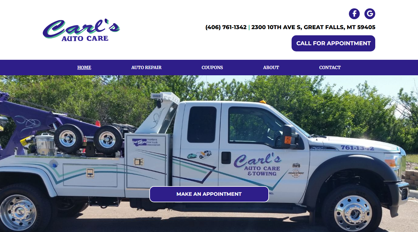 Website screenshot for Carl's Autocare & Towing